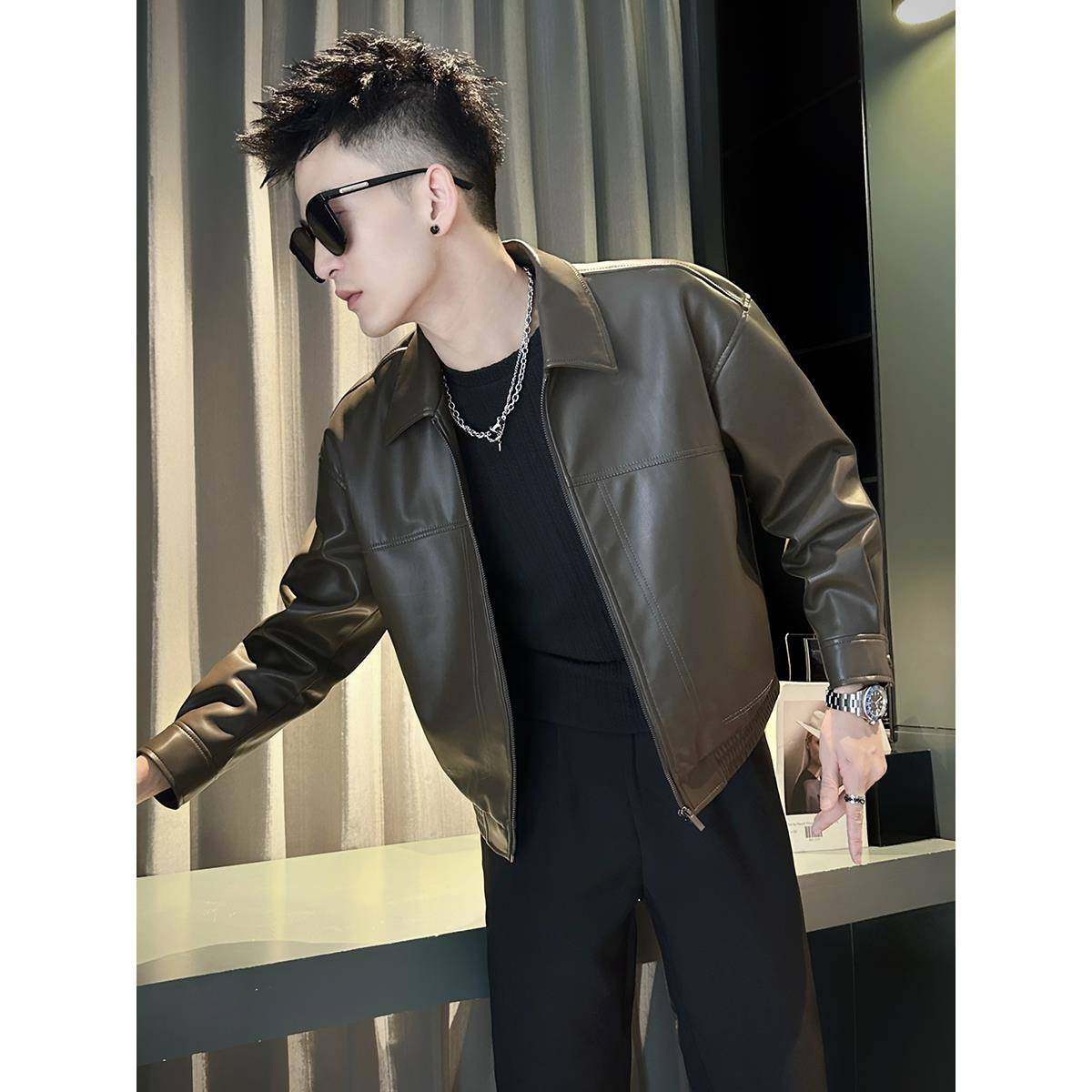 潮牌痞帅炸街翻领皮衣男潮流时尚短款夹克秋冬新款高级感男士外套