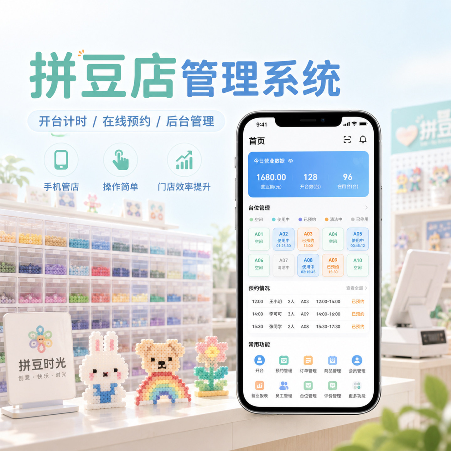 拼豆店收银管理系统DIY手工店手作馆会员充值储值扣费计时收费按次按场预约小程序手机APP电脑收银一体机软件