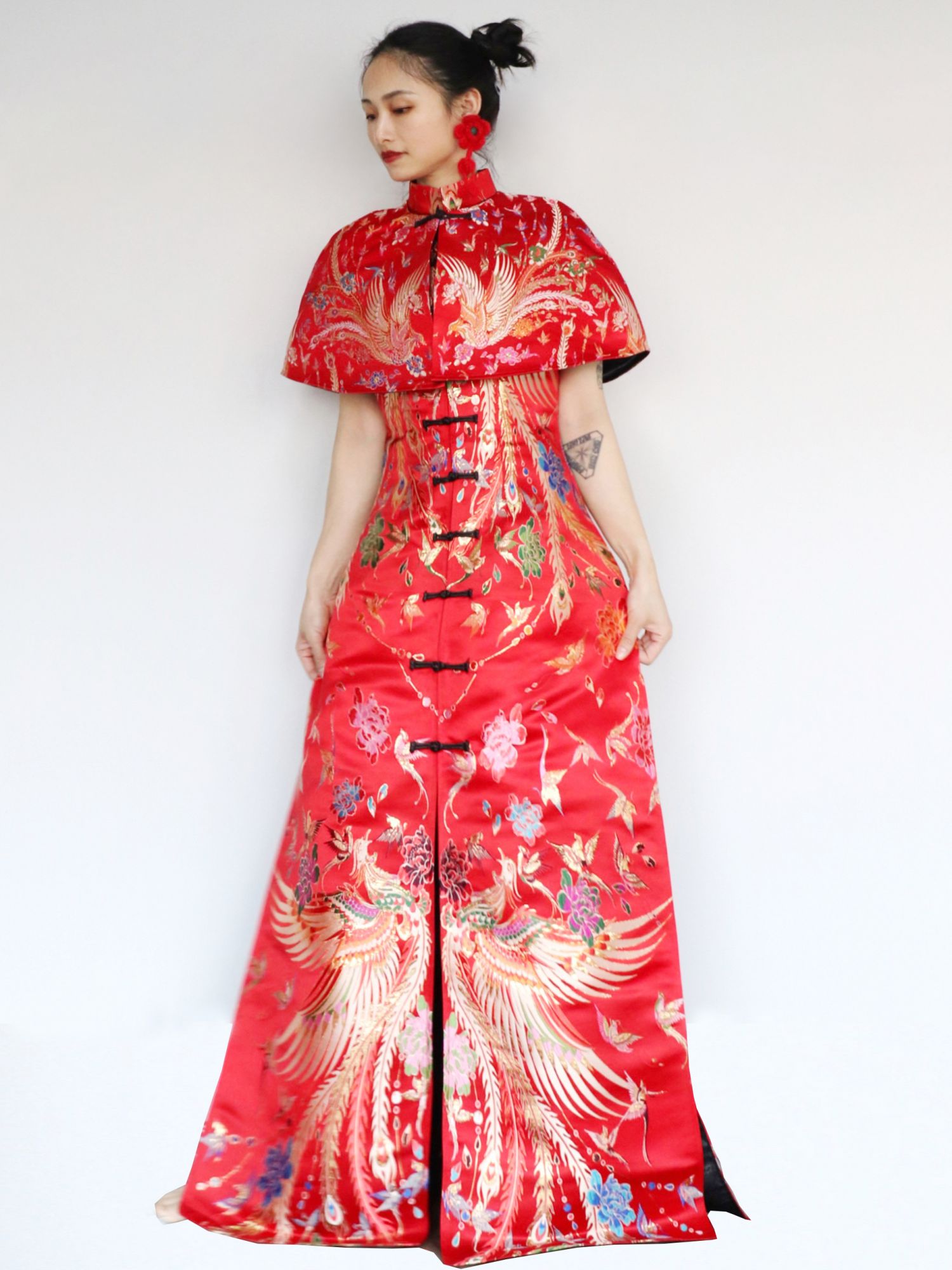 锦秀儿原创定制凤凰织锦可拆卸斗篷民族风连衣裙手工盘扣立领旗袍