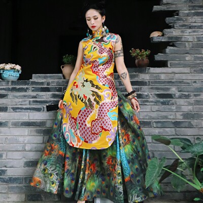 金色龙纹织锦高领新中式背心上衣