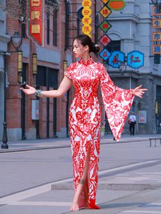 锦秀儿原创不对称袖剪纸花丝质连衣裙民族风定制走秀表演改良旗袍