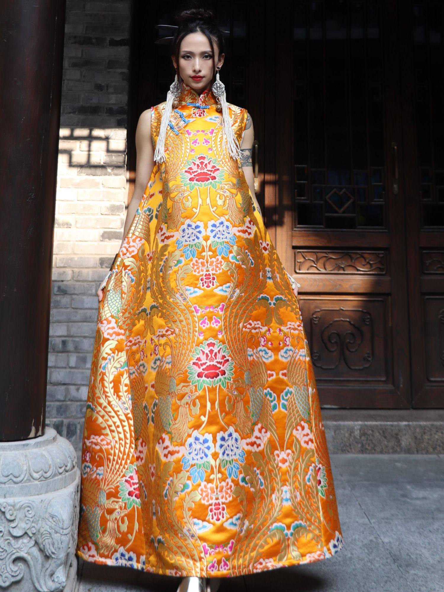 锦秀儿原创金底凤凰织锦立领斜襟无袖新中式民族风宽松袍子连衣裙