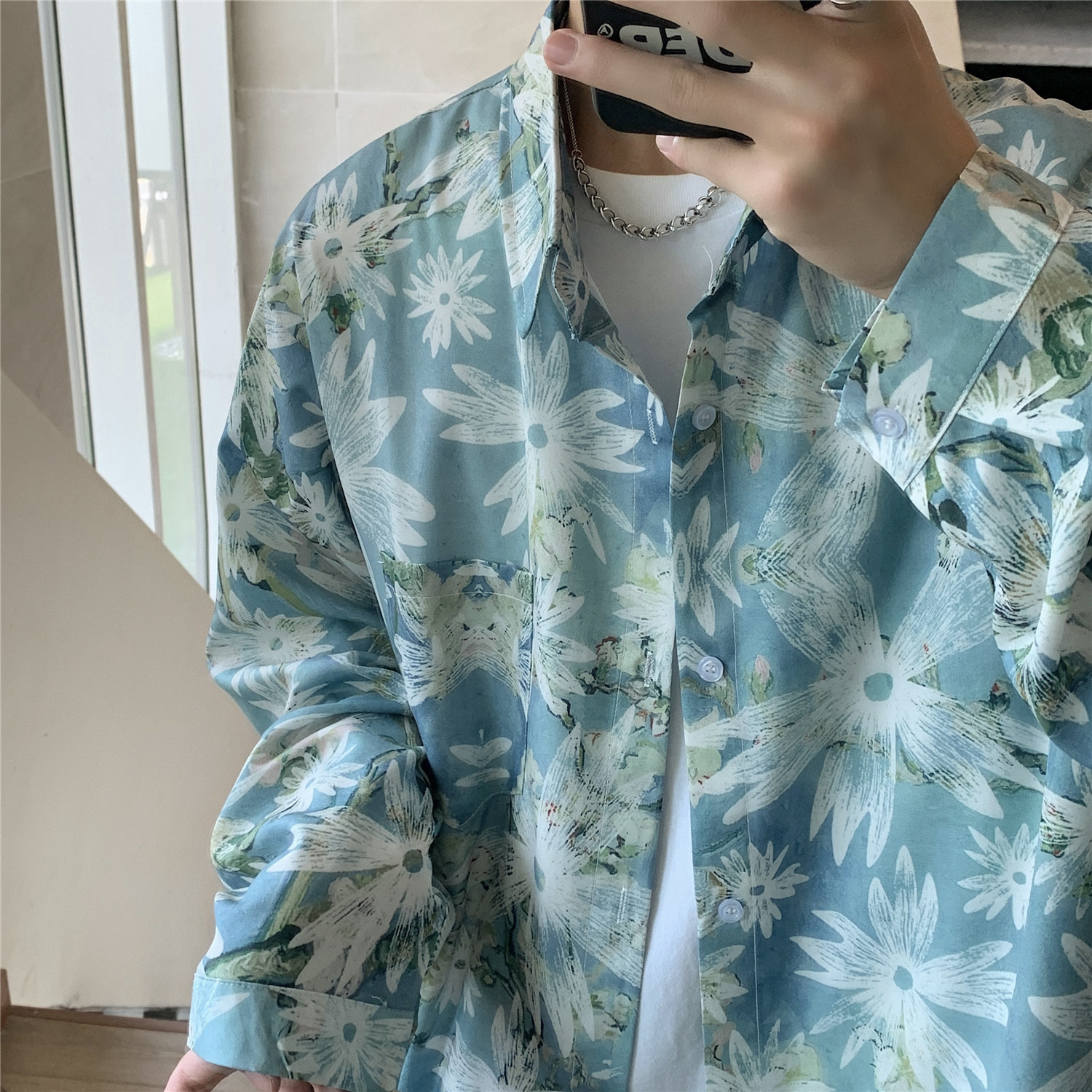 港风秋季长袖宽松印花男女情侣衬衫C147P50,男装衬衫,电商A433