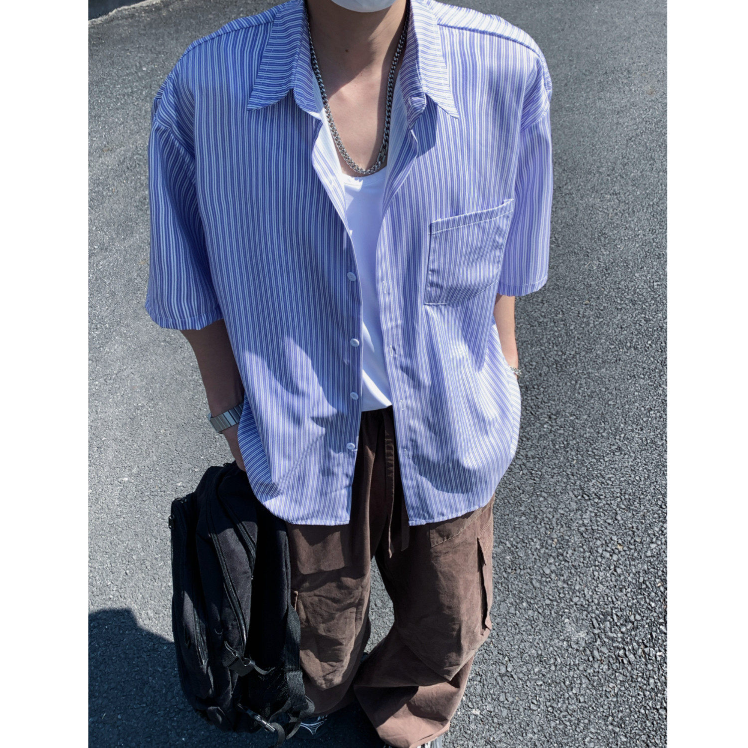 夏季清爽蓝色条纹男女情侣短袖衬衫C1030P40,男装衬衫,电商A433