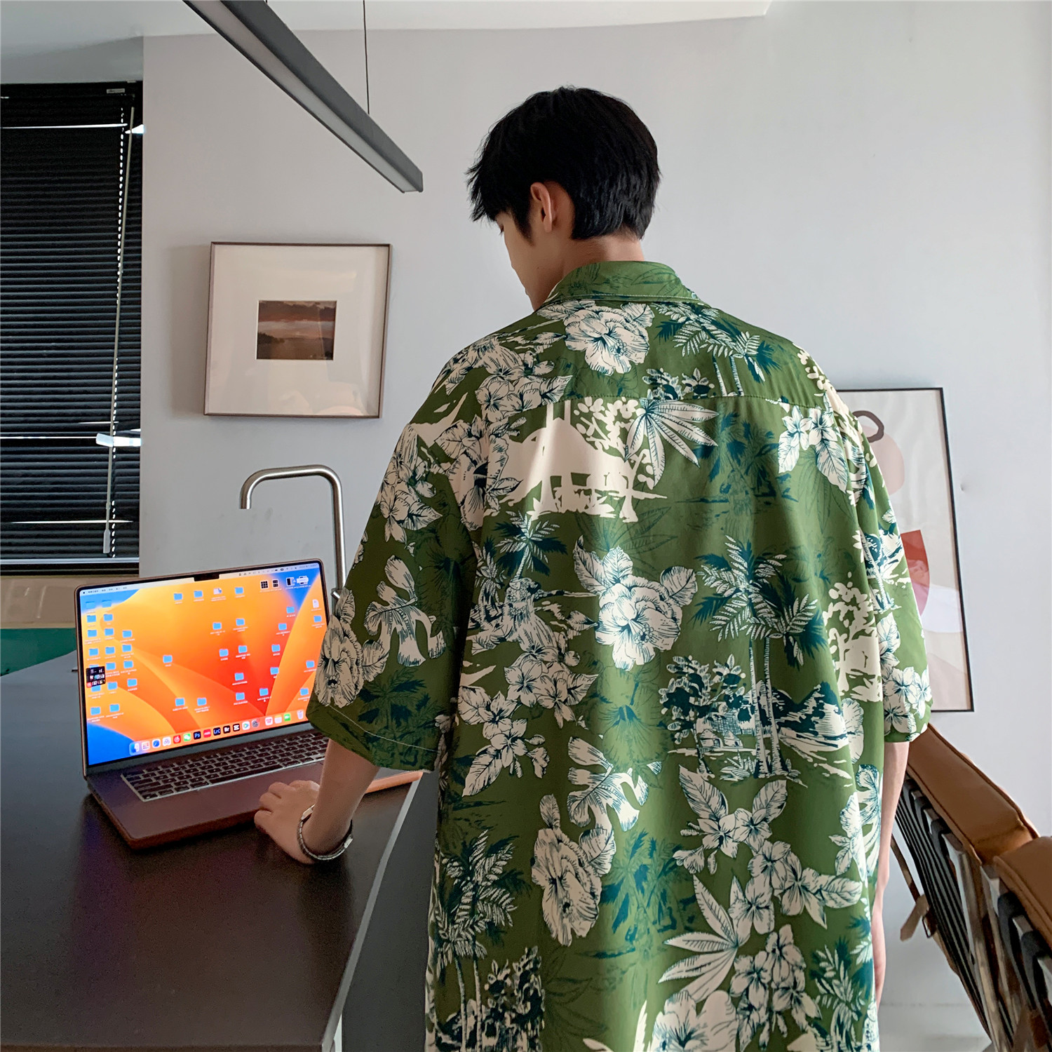 2025港风夏季森林色系男女宽松短袖花衬衫C7055P40,男装衬衫,电商A433