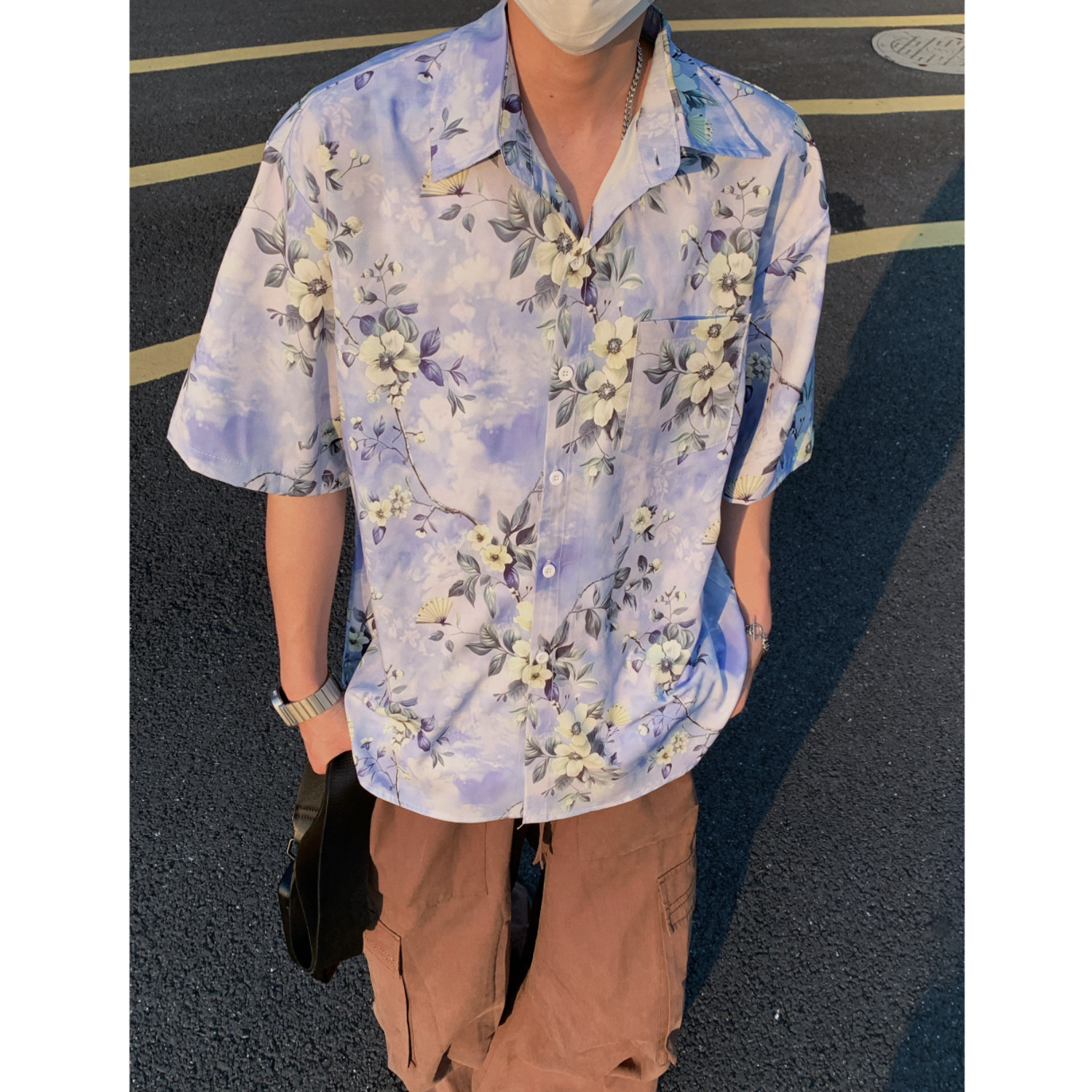 夏季港风宽松男女薄款短袖花衬衫C3632P40,男装T恤,电商A433
