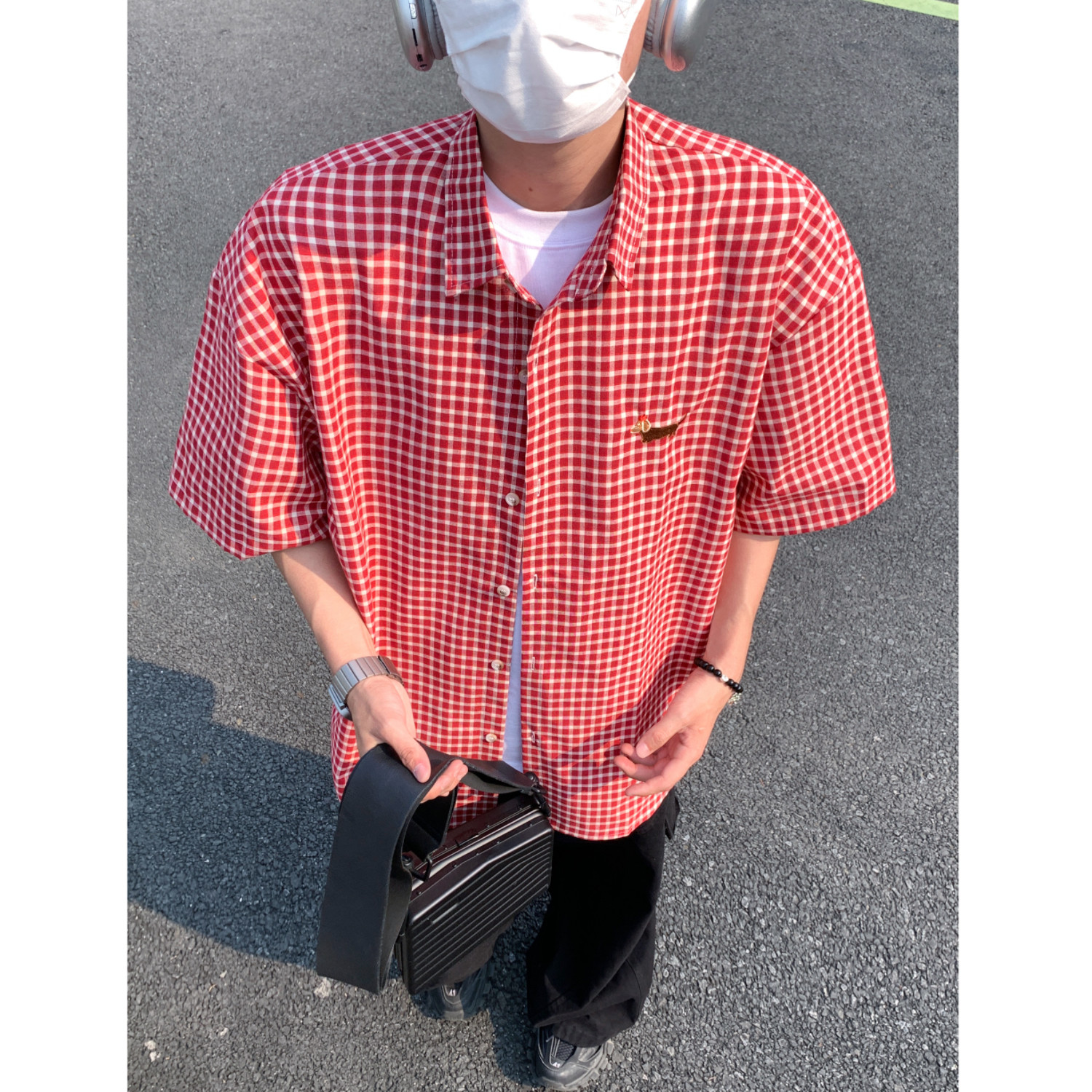 夏季格子宽松男女情侣短袖小狗刺绣衬衫C5591P48,男装T恤,电商A433