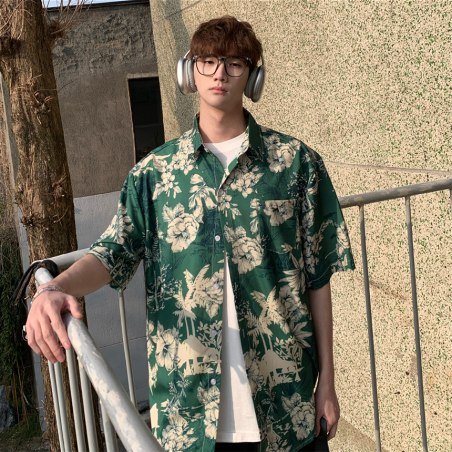 夏威夷花衬衫男短袖港风潮流ins满印设计感衬衣薄款冰丝复古上衣,男装T恤,电商A433