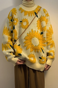 慵懒风向日葵冬季男女宽松保暖加厚毛衣情侣针织衫 M91 P78图片