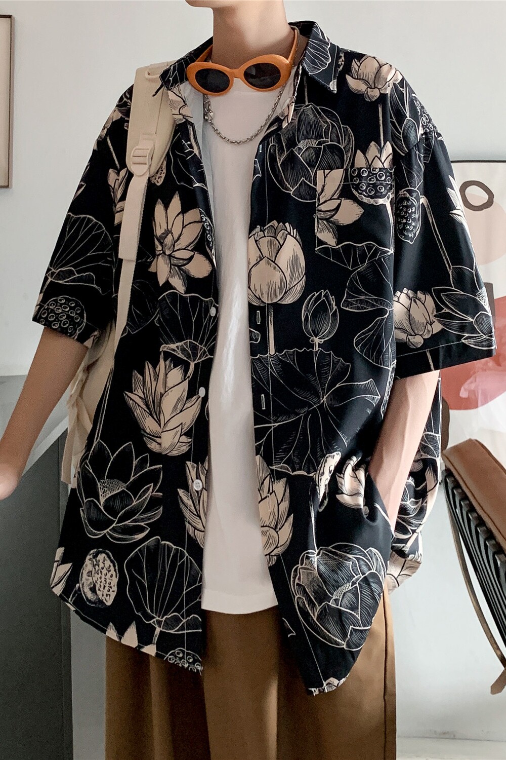 港风夏季男女薄款短袖花衬衫C4062P40,男装衬衫,电商A433