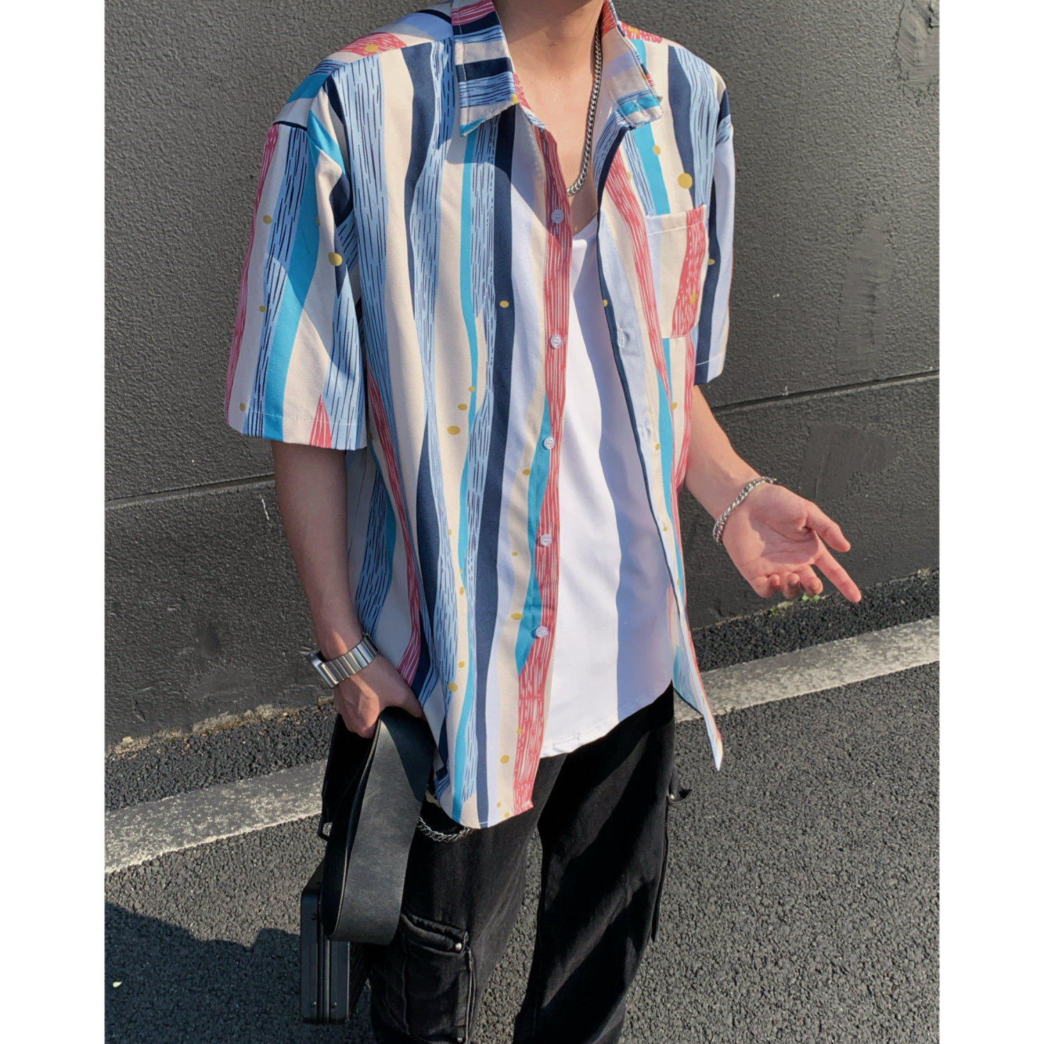 夏季彩色条纹宽松短袖衬衫C4131P40,男装衬衫,电商A433
