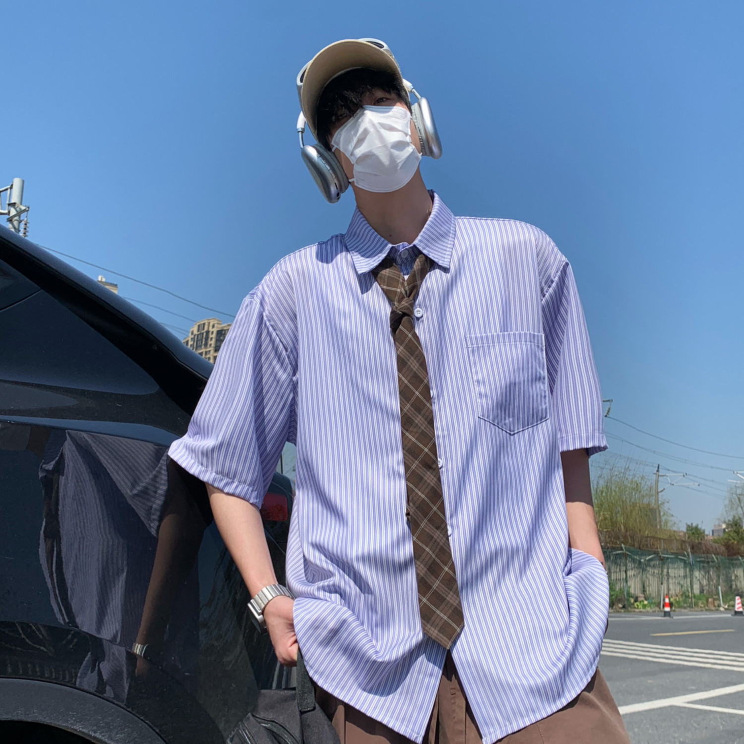 港风清爽蓝色条纹男女情侣短袖衬衫C1030P40，男装T恤，电商A433