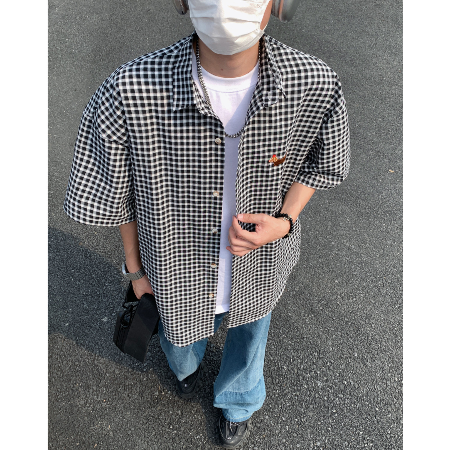 夏季格子宽松男女情侣短袖小狗刺绣衬衫C5591P48,男装T恤,电商A433