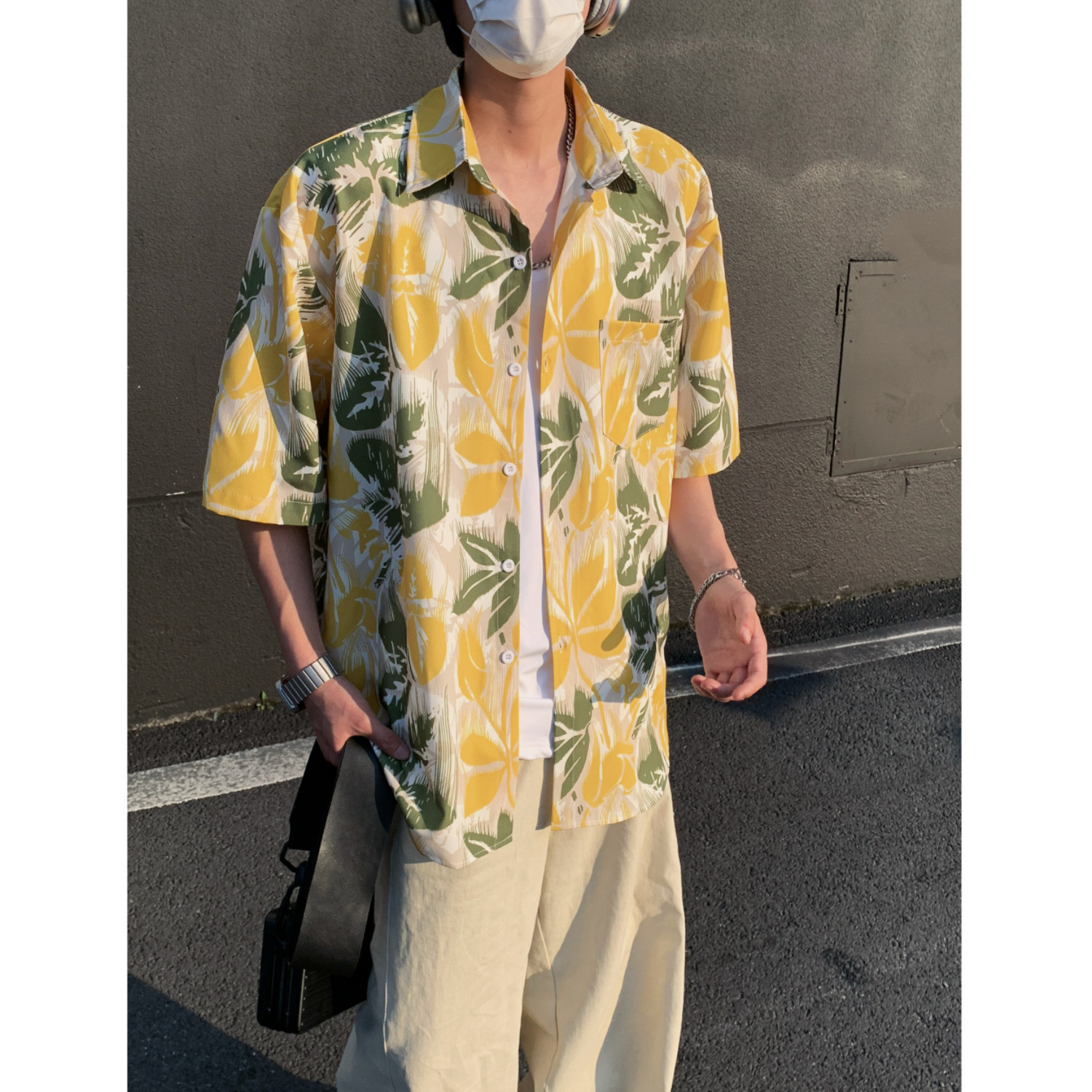 夏季港风宽松男女薄款短袖花衬衫C3632P40,男装T恤,电商A433