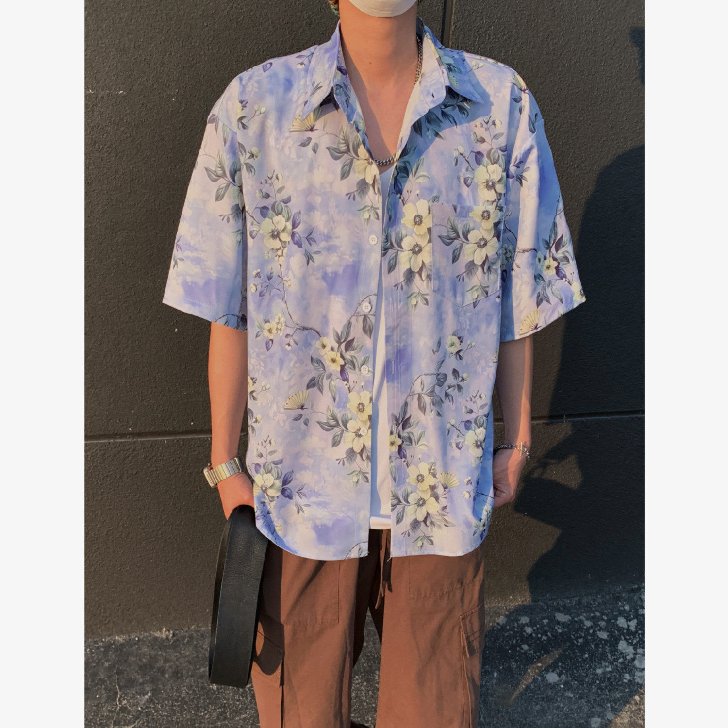 夏季港风宽松男女薄款短袖花衬衫C3632P40,男装T恤,电商A433