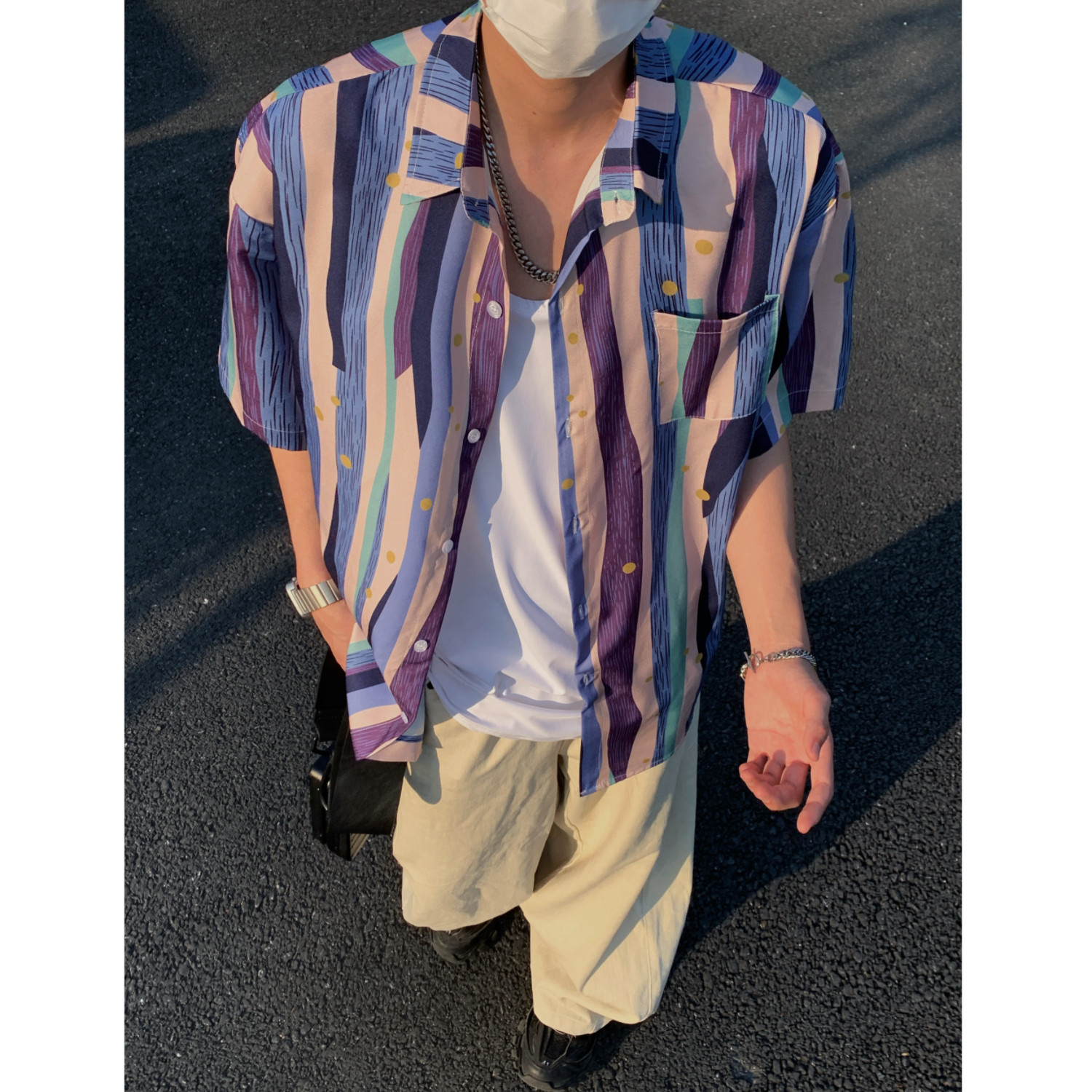 夏季彩色条纹宽松短袖衬衫C4131P40,男装衬衫,电商A433