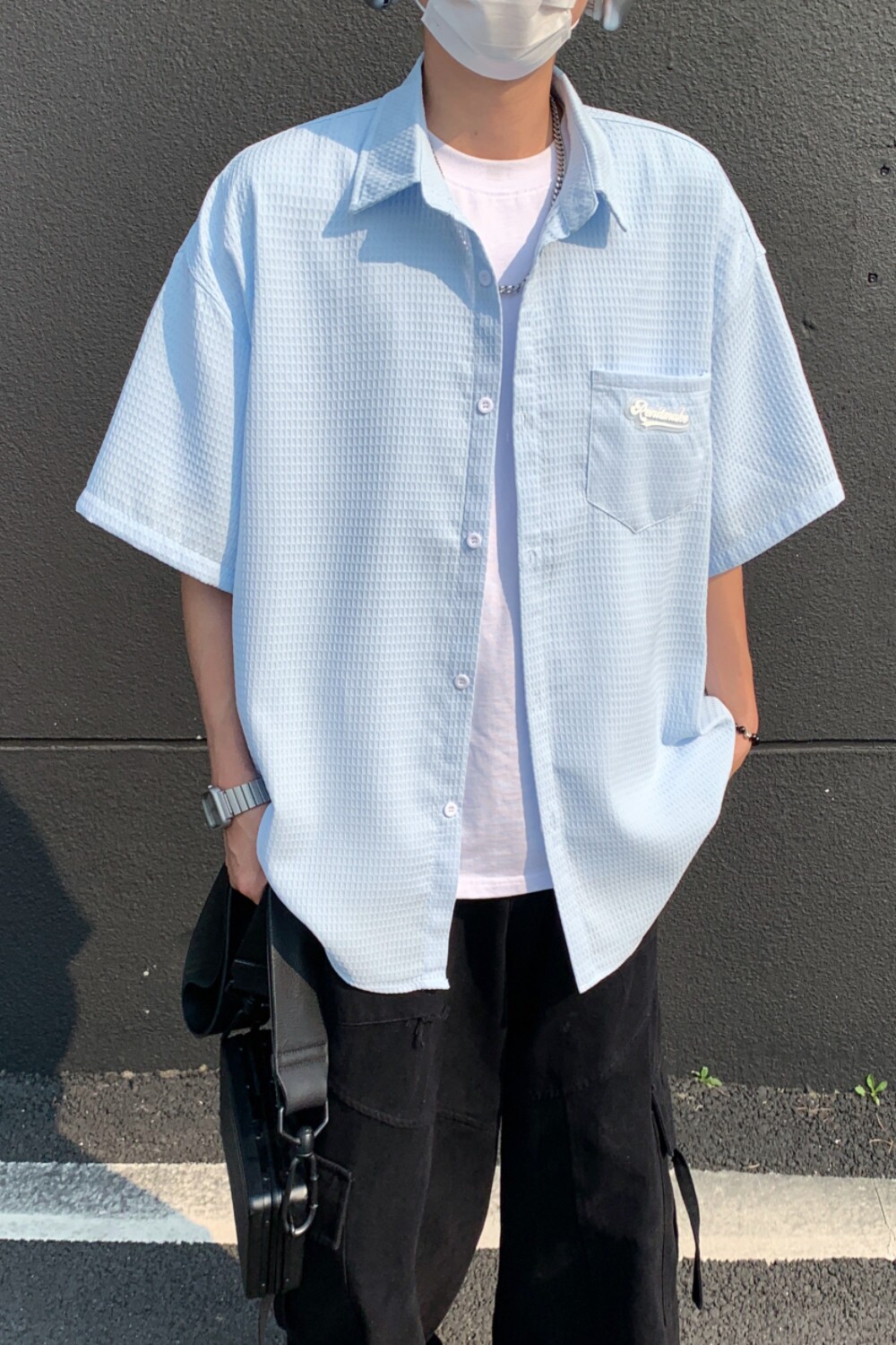 特殊面料夏季清爽蓝色宽松男女短袖衬衫C998P48,男装T恤,电商A433