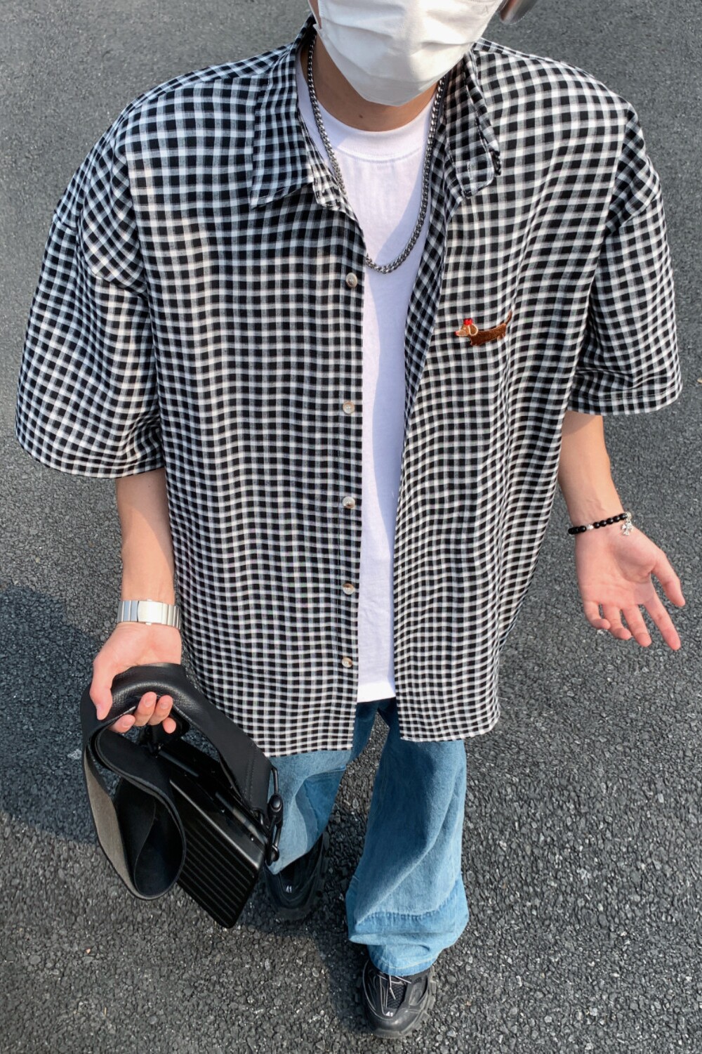 港风格子宽松男女情侣短袖小狗刺绣衬衫C5591P48,男装T恤,电商A433