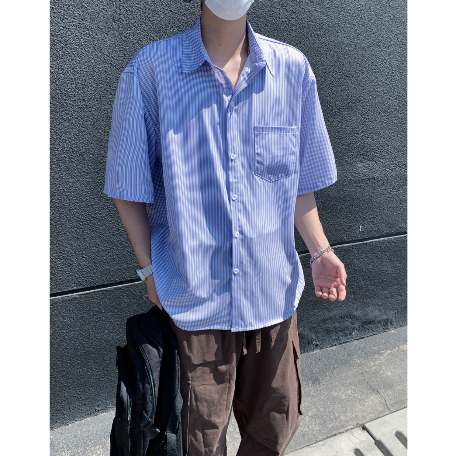 夏季清爽蓝色条纹男女情侣短袖衬衫C1030P40,男装衬衫,电商A433