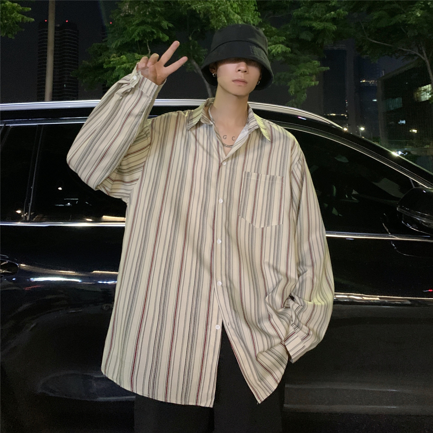 四季款长袖衬衫港风条纹男女防晒宽松情侣衬衣C199P50,男装防晒衣,电商A433
