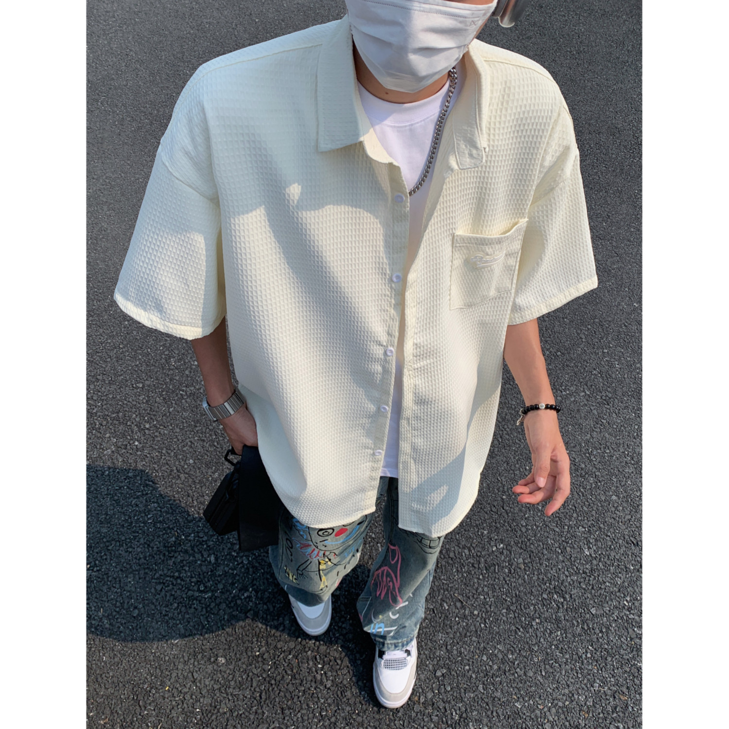 特殊面料夏季清爽蓝色宽松男女短袖衬衫C998P48,男装T恤,电商A433