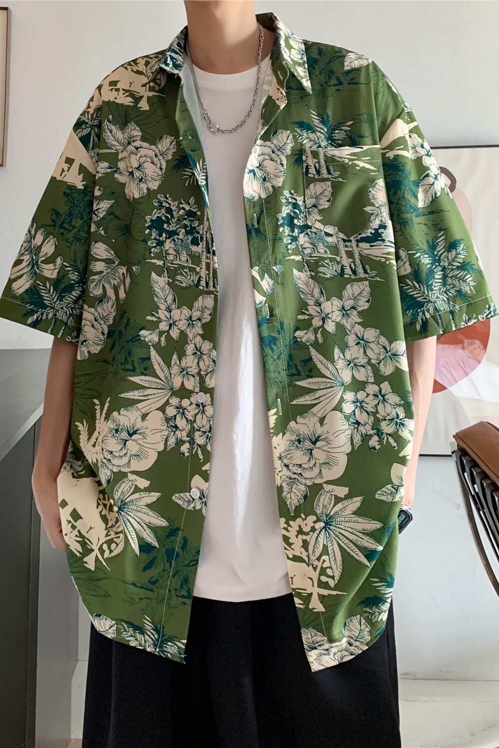 2025港风夏季森林色系男女宽松短袖花衬衫C7055P40,男装衬衫,电商A433