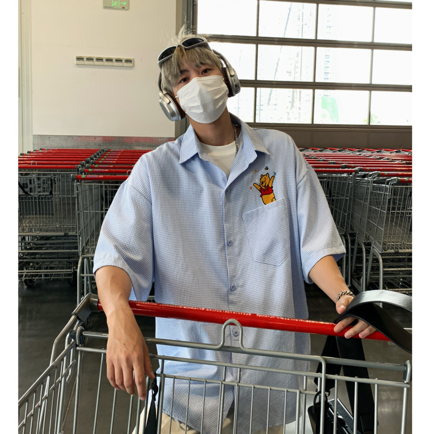 港风卡通刺绣格子男女情侣短袖宽松衬衫C5593P48,男装T恤,电商A433