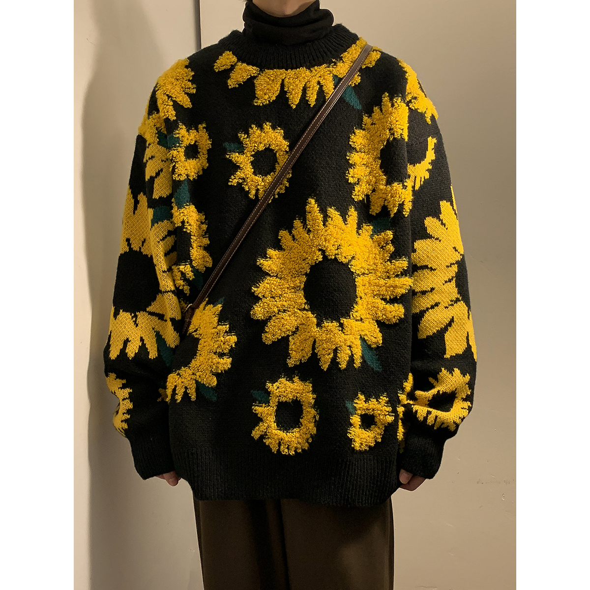 港风冬季向日葵男女宽松保暖加厚毛衣情侣针织衫M91P78，男装针织衫/毛衣，电商A433