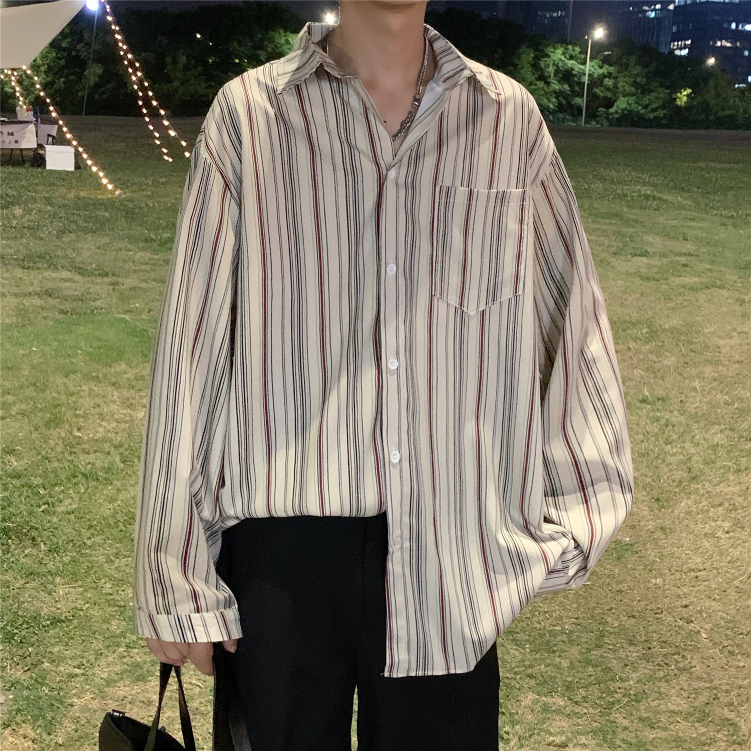 四季款长袖衬衫港风条纹男女防晒宽松情侣衬衣C199P50,男装防晒衣,电商A433