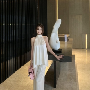 MISSCC 气质高领白色贝母光酸缎面挂脖无袖上衣阔腿裤套装女