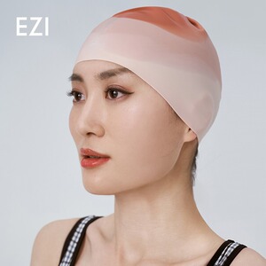 弈姿新款硅胶印花泳帽专业防水防晒护耳女不勒头舒适加大码游泳帽