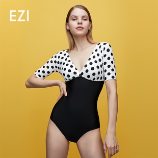 弈姿连体泳衣女ins风度假显瘦修身 性感三角泡温泉 露背波点中袖