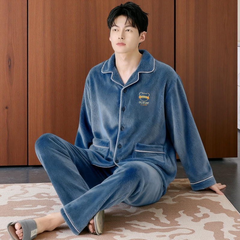 睡衣男秋冬季加绒加厚保暖珊瑚绒加肥加大码法兰绒家居服套装外穿