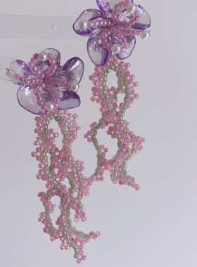 25元包邮朵拉手作法式浪漫粉紫色耳环串珠流苏长款耳夹气质少女感