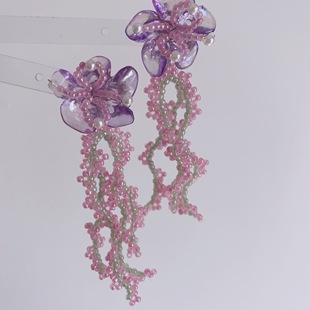 浪漫粉紫色耳环串珠流苏长款 朵拉手作法式 耳夹气质少女感 包邮 25元