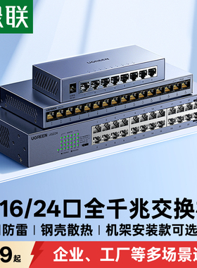 绿联工业交换机全千兆8/12/16/24多口网络网线光猫路由交换器以太网转换家用企业监控摄像头vlan挂耳机柜安装