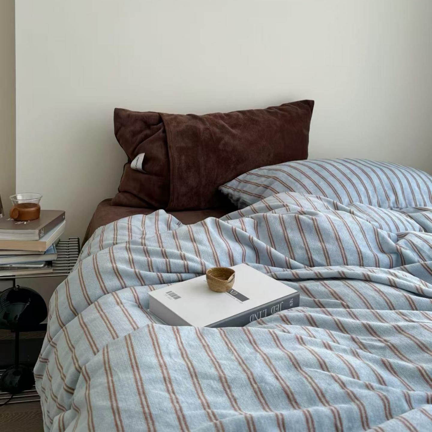 梨梦 薄荷曼咖 秋冬条纹牛奶绒四件套保暖珊瑚绒床单被套床上用品