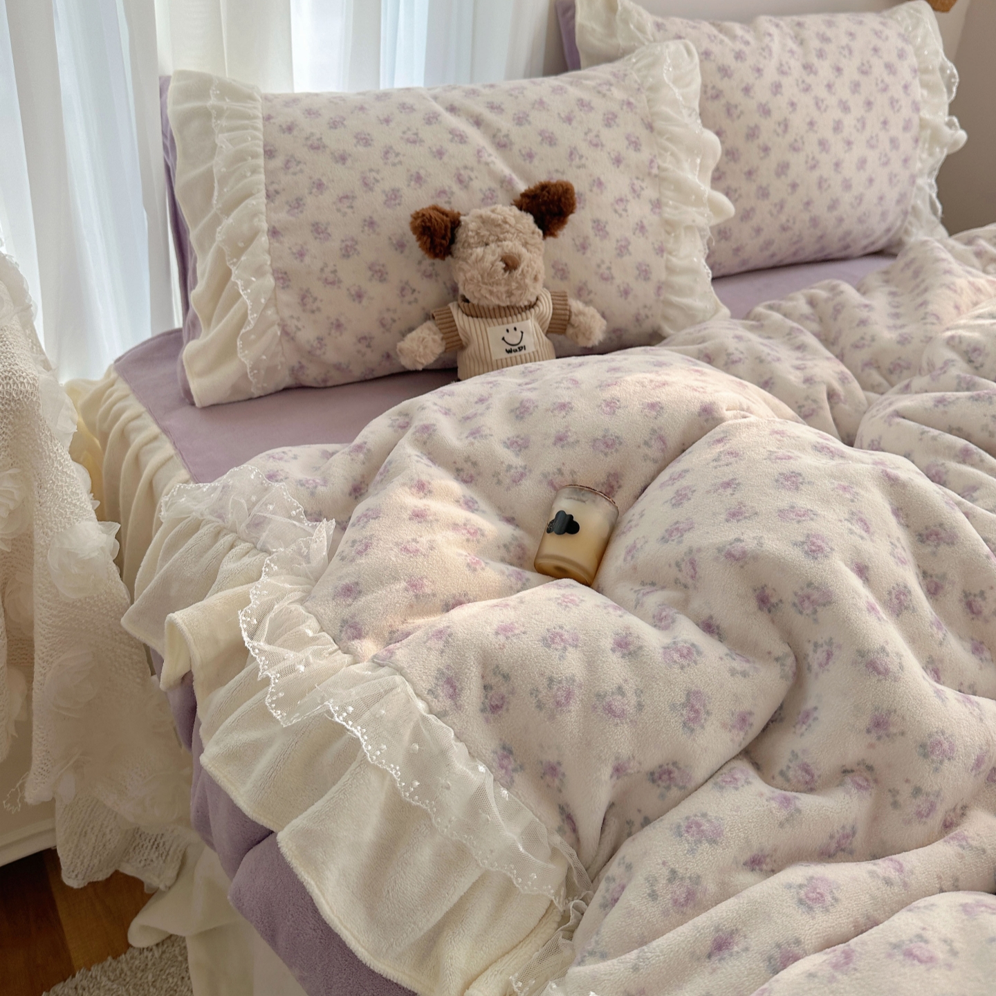 梨梦 法式碎花保暖加厚牛奶绒四件套床单床裙被套珊瑚绒床上用品