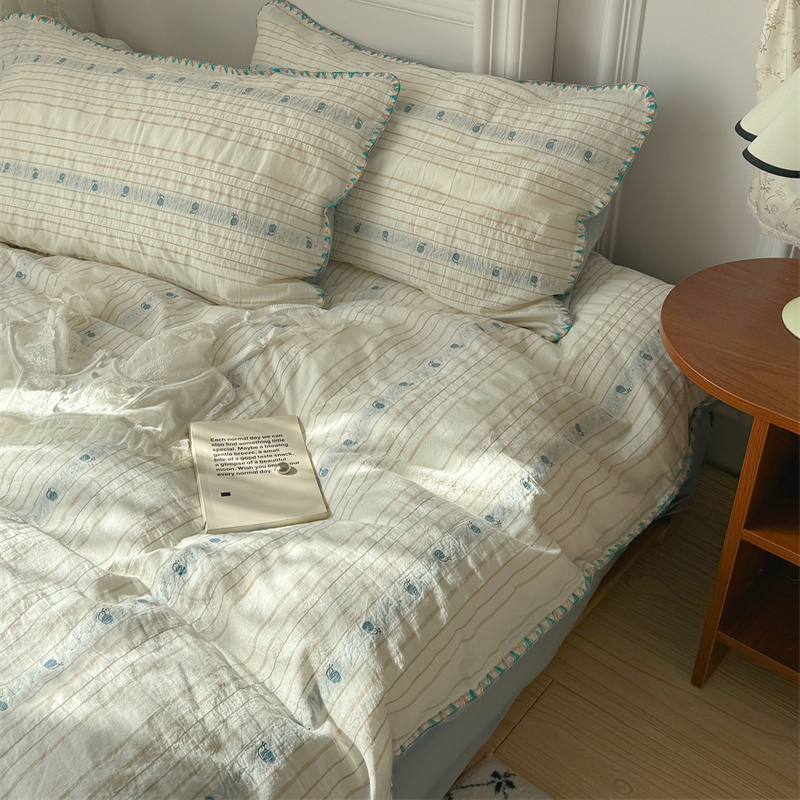 梨梦 蓝色蜗牛提花纯棉水洗棉四件套全棉床单被套床笠款床上用品