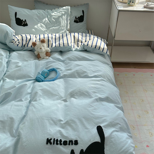 梨梦 毛线猫 可爱纯棉水洗棉四件套全棉床单被套床笠宿舍床上用品