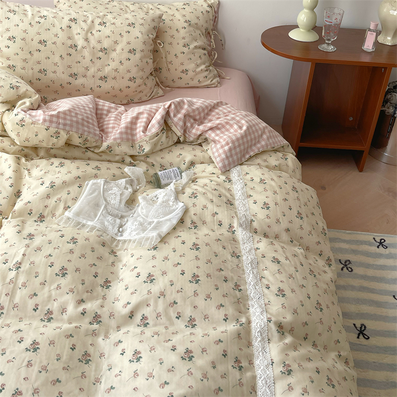 梨梦 韩系碎花纯棉双层纱水洗棉四件套全棉床单被套双人床上用品