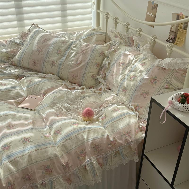 梨梦 莳恋 法式蕾丝纯棉四件套全棉床单被套床裙床笠款床上用品