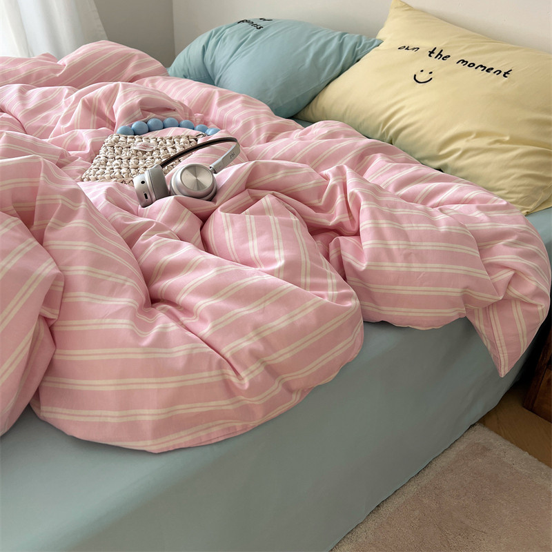 梨梦 香草莓莓 甜美条纹纯棉四件套全棉床单被套床笠宿舍床上用品