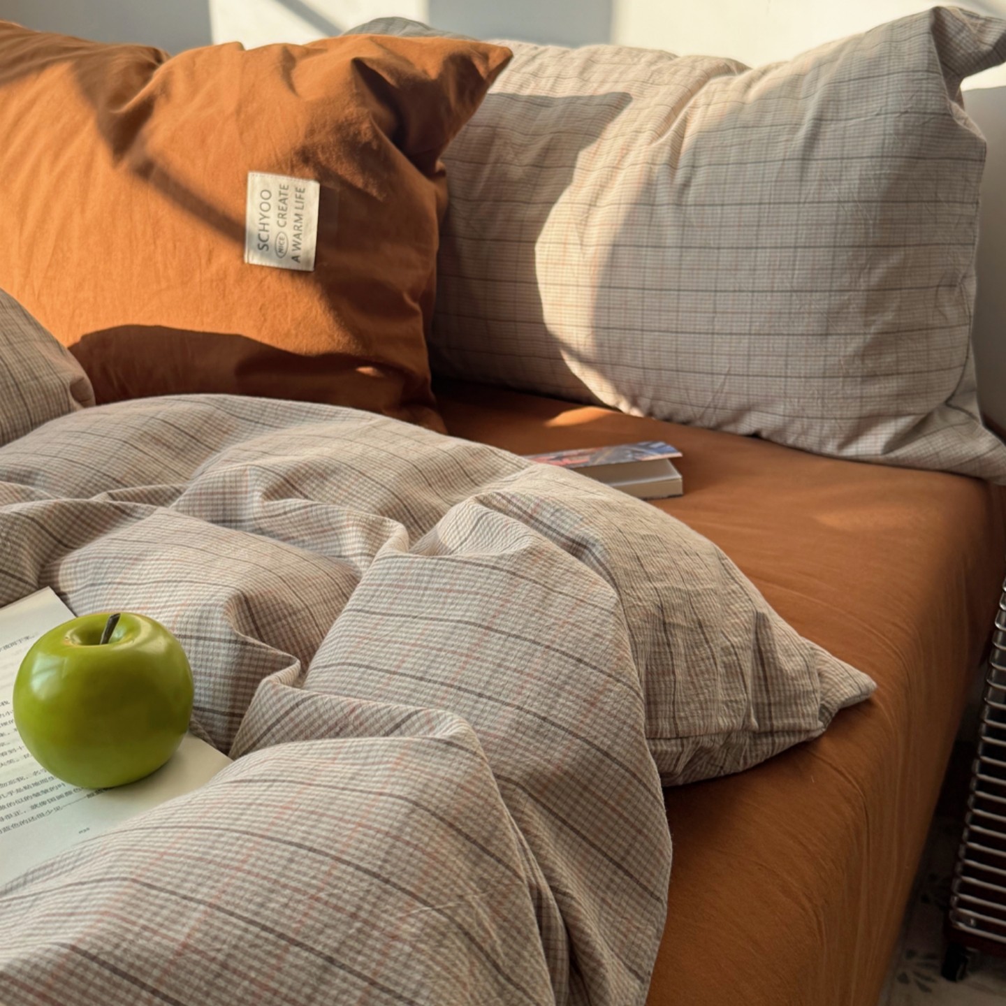 梨梦 ins简约中古日系纯棉水洗棉格子四件套全棉床单被套床上用品,床上用品,床品套件/四件套/多件套,淘宝优惠券,粉丝福利购,淘宝优惠卷