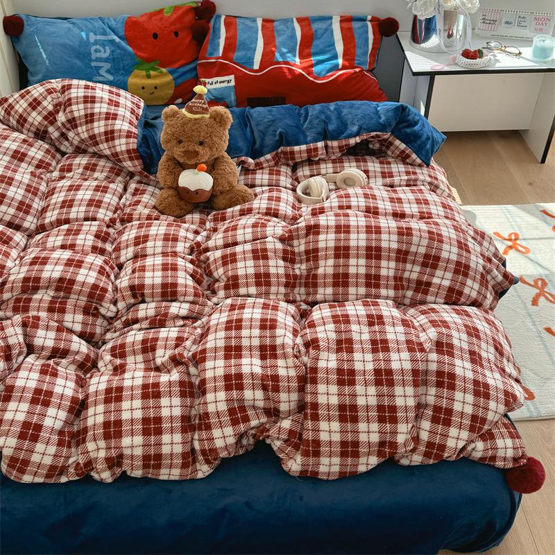 梨梦 复古红格冬季保暖加厚牛奶绒四件套床单被套珊瑚绒床上用品