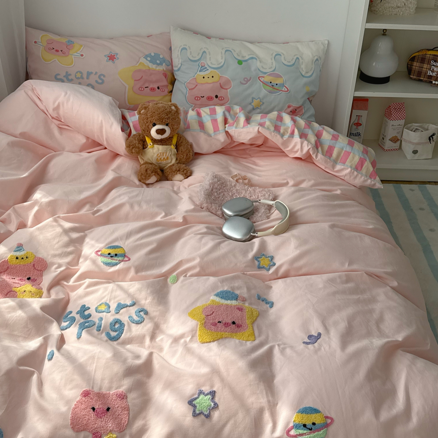 梨梦 星星小猪 可爱少女心纯棉磨毛四件套全棉床单被套床上用品