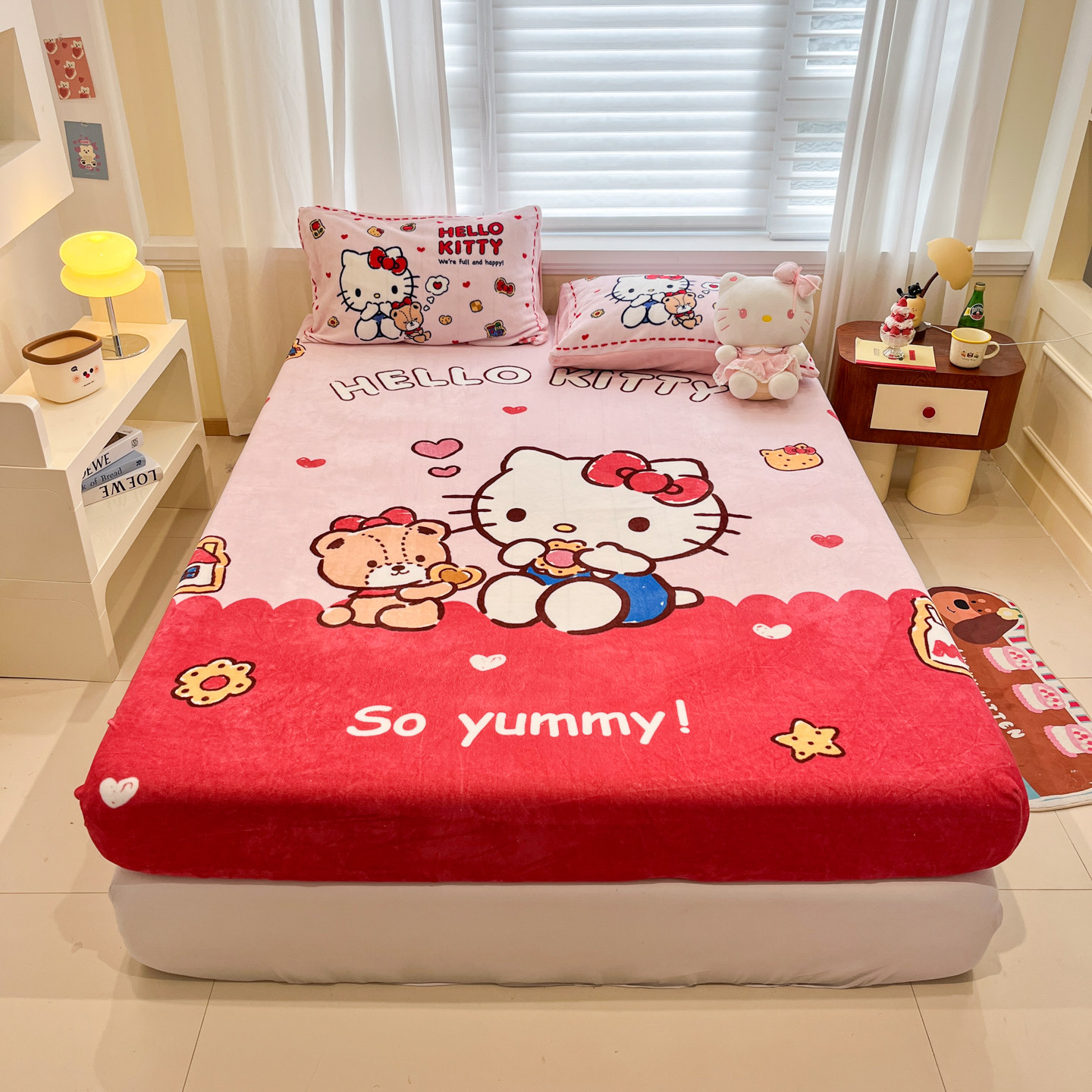 梨梦单品 可爱KT单件牛奶绒床单床笠冬季保暖加厚珊瑚绒床罩单人,床上用品,床单,淘宝优惠券,粉丝福利购,淘宝优惠卷