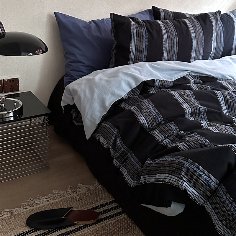 梨梦 ins简约条纹日式纯棉水洗棉四件套全棉床单被套床笠床上用品