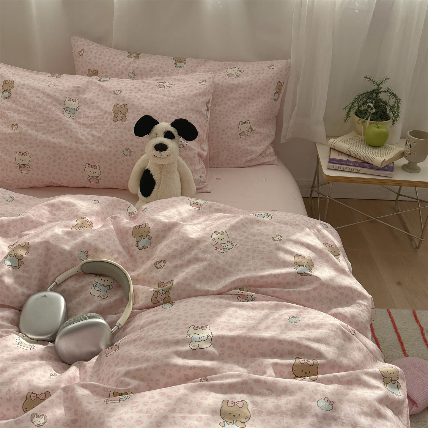 梨梦可爱粉豹纹喵卡通纯棉四件套全棉床单被套床笠款宿舍床上用品,床上用品,床品套件/四件套/多件套,淘宝优惠券,粉丝福利购,淘宝优惠卷