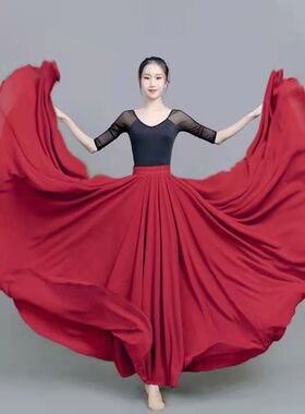 720度大摆裙雪纺广场舞红色裙子新疆舞蹈服装女a字半身裙跳舞长裙